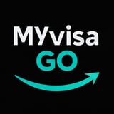 Myvisa GO logo with white text and turquoise curved arrow on black background