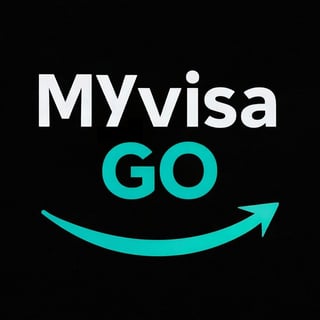 Myvisa GO logo with white text and turquoise curved arrow on black background