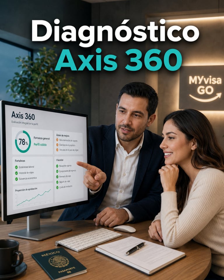 Two professionals reviewing Axis 360 diagnostic report on computer monitor in modern office setting with MyVisa GO branding