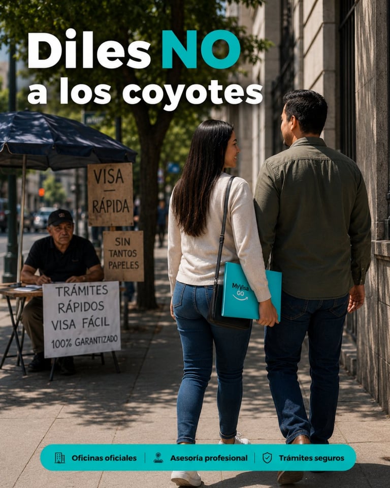 Two people viewing official immigration service signage on a street, with text saying Diles NO a los coyotes warning against unlicensed smugglers.