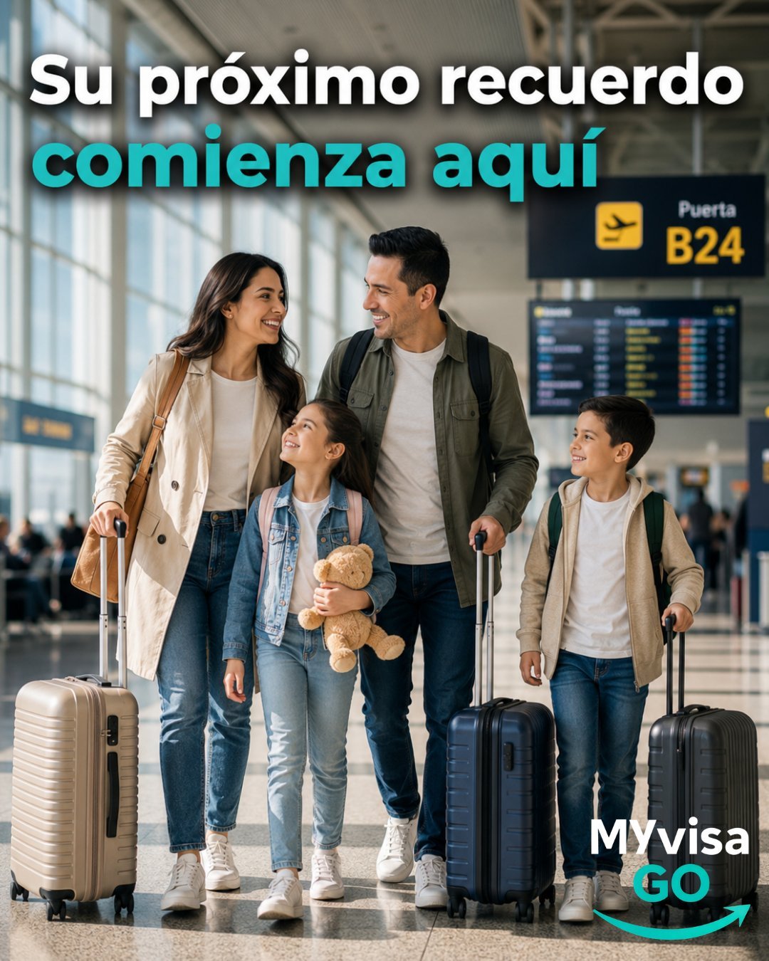 Familia con equipaje caminando por una terminal de aeropuerto