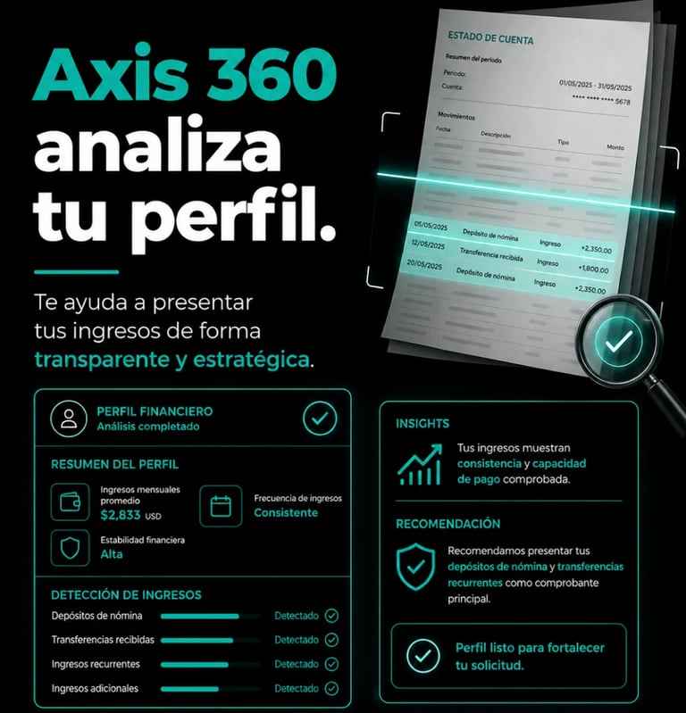 Axis 360 financial profile analysis tool showing income transparency features, financial statements, and investment recommendations