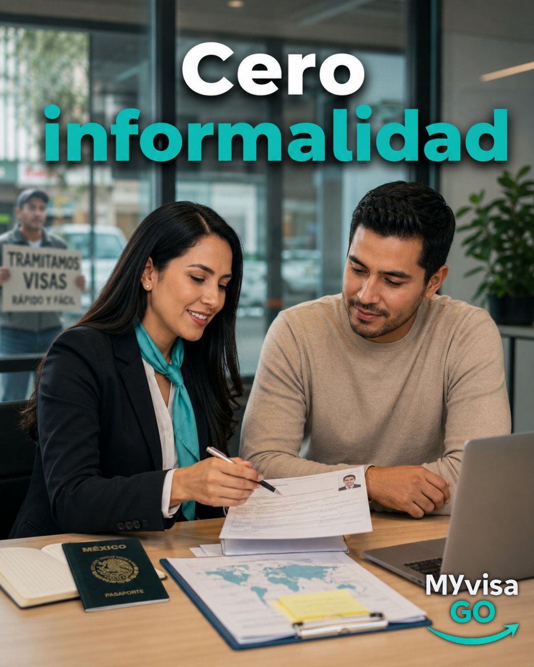 Especialista de MyVisaGo revisando documentos de visa americana junto a un cliente, con pasaporte mexicano y mapa del mundo sobre el escritorio