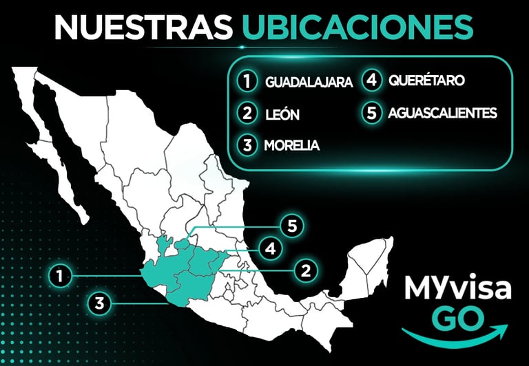 DISEÑO MAPA MVG - Mapa de México con las oficinas de MyVisaGo en Guadalajara, León, Morelia, Querétaro y Aguascalientes